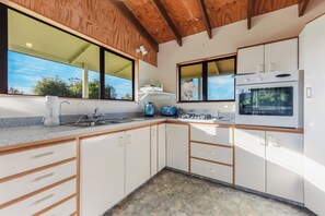 Fridge, microwave, toaster, cookware/dishes/utensils
