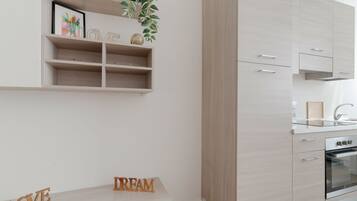 Fridge, microwave, dishwasher