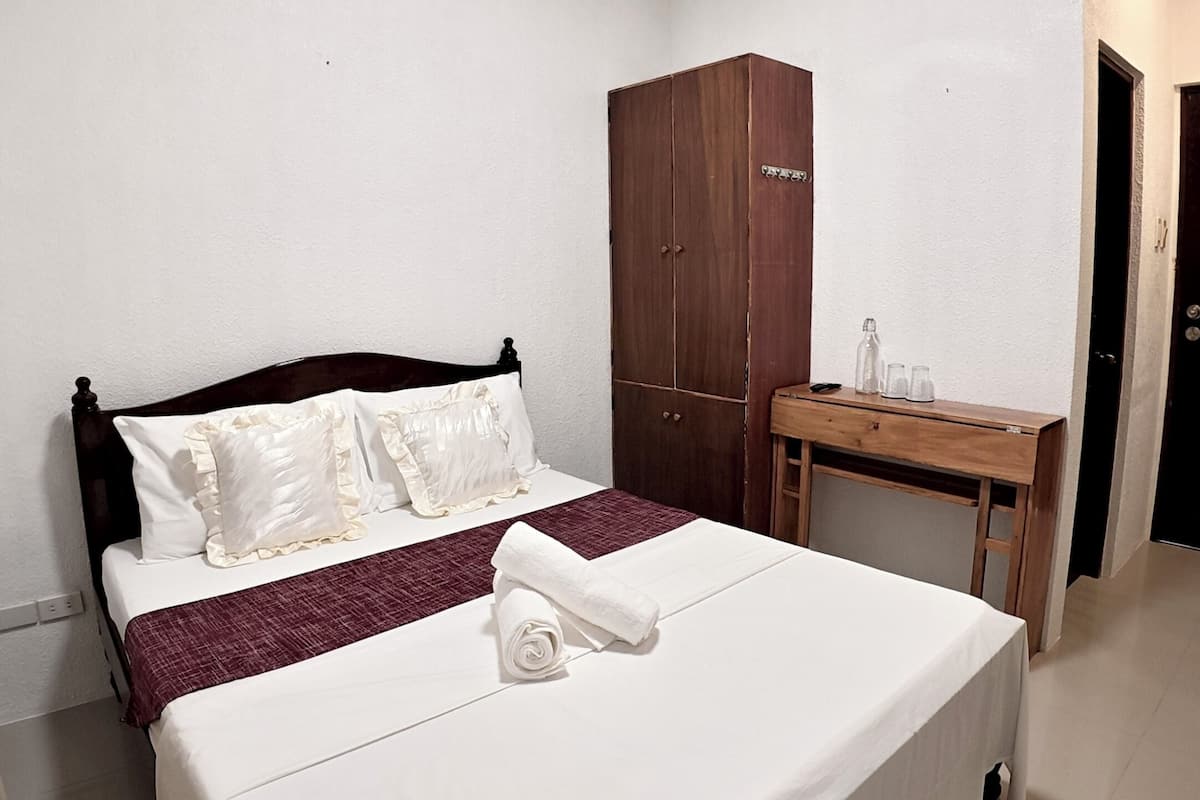 Un dormitorio con cama, armario, escritorio y luz en el techo.