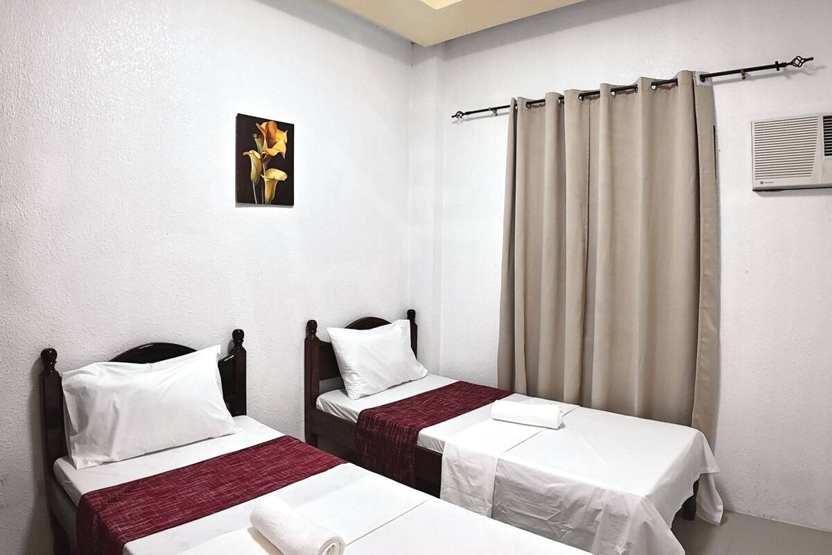 Habitación de hotel con dos camas, una lámpara en el techo, aire acondicionado de pared y una imagen de flores.