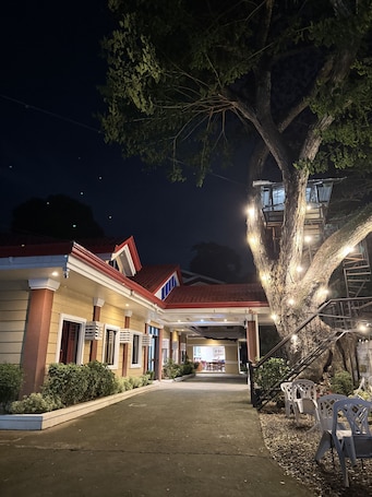 A building with a red roof, a covered entrance, and a large tree with hanging lights.