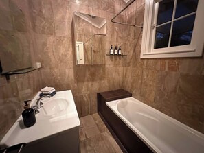 Hair dryer, towels, soap, toilet paper