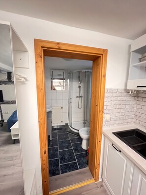 Shower, hair dryer, towels - Apartment '1-Room' with Shared Pool, Shared Garden and Wi-Fi (Erfurt)