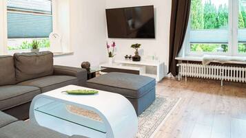 TV, fireplace, books, offices