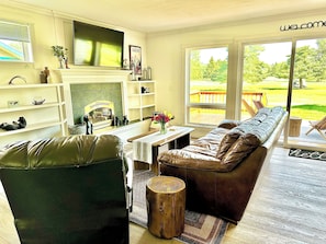 Smart TV, chimenea y libros