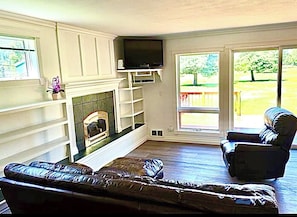 Smart TV, fireplace, books