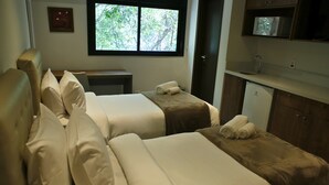 Habitación de hotel con dos camas, una ventana, microondas y lavamanos.