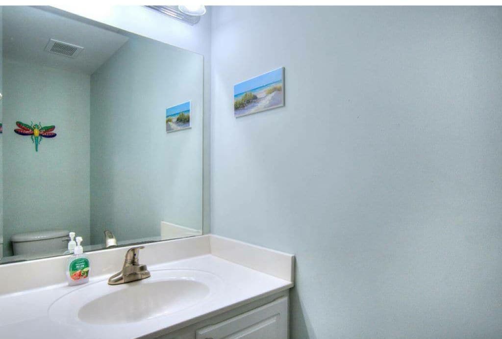 Un baño con un lavamanos blanco, un espejo, una decoración de mariposa y un pequeño cuadro en la pared.