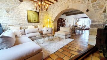 Una televisión, una chimenea, un reproductor de DVD, libros