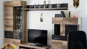 Ein modernes Wohnzimmer mit Flachbildfernseher, Holzschränken und einer Bücherwand.