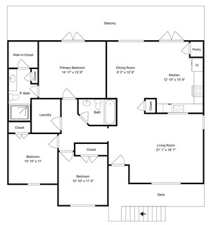 A floor plan with a balcony, walk-in closet, primary bedroom, dining room, kitchen, living room, two bedrooms, and a laundry area. - Sandy Hook by Ryson Vacation Rentals (Galveston)