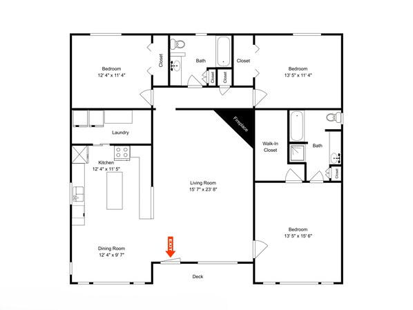 Un plan d’étage comprenant un salon, une cuisine, une salle à manger, deux chambres, une salle de bain et un espace buanderie.