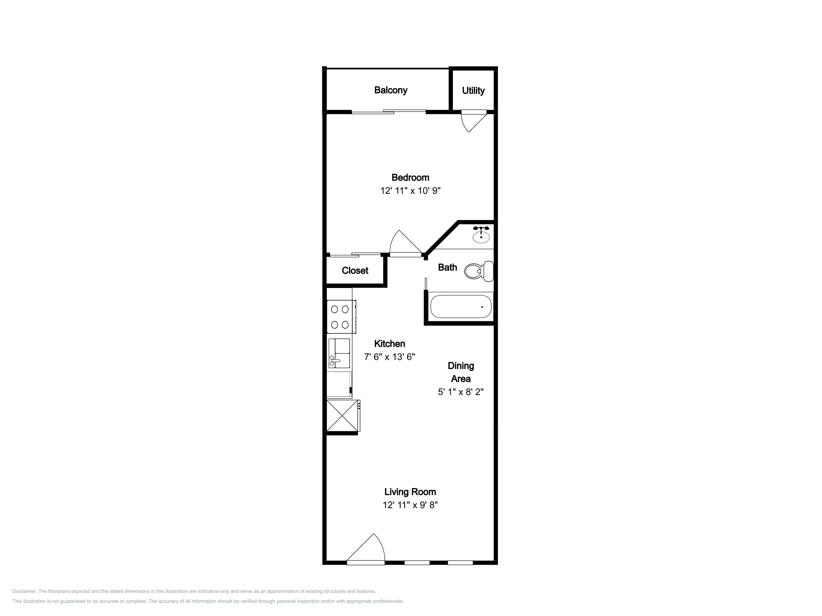 Ein Grundriss mit Schlafzimmer, Badezimmer, Küche, Essbereich, Kleiderschrank und Wohnzimmer.