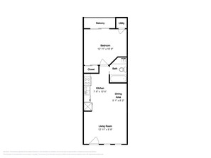 A floor plan with a bedroom, bathroom, kitchen, dining area, closet, and living room.