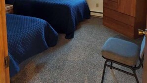 A bedroom with two beds, a dresser, a chair, and a window with curtains.