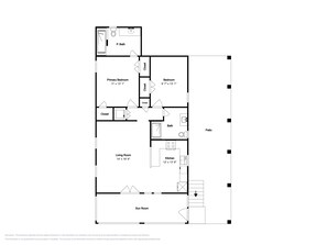 A floor plan of a house with a primary bedroom, secondary bedroom, living room, kitchen, sun room, and a patio. - Gulf Coast Getaway by Miss Kitty’s (Rockport)