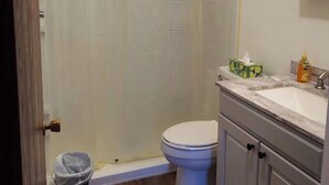 Un baño con inodoro, lavabo y cortina de ducha.