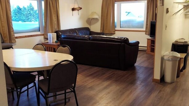 Un salon confortable avec un canapé, une table à manger et des chaises. On y trouve des fenêtres avec des rideaux, une lampe et un téléviseur.