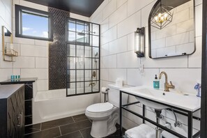 Hair dryer, towels, soap, shampoo