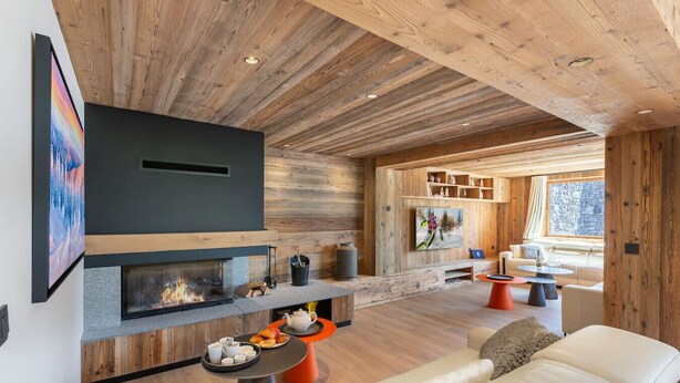 Una sala de estar moderna con chimenea, techo de madera y un ventanal grande.