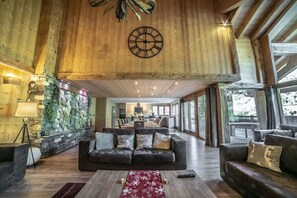 Télévision, cheminée, chaîne hi-fi