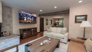 Télévision, cheminée, espaces bureaux