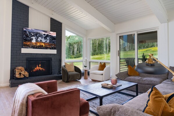 TV, fireplace, offices