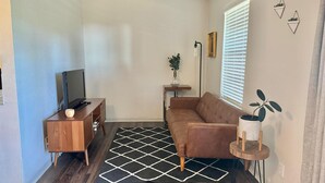 A living room with a brown sofa, a wooden TV stand, a black and white rug, a small table with a plant, and a floor lamp.