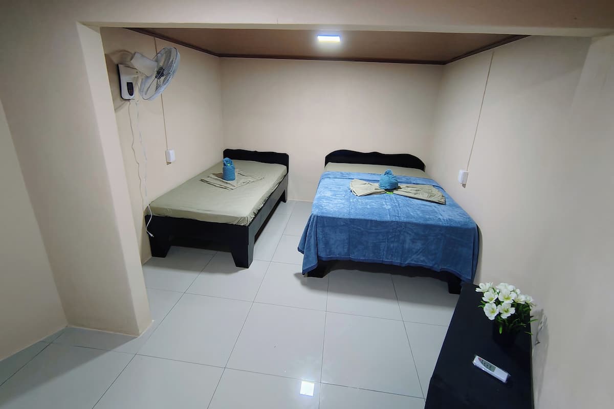 A small, clean room with two beds, a fan, a remote control, and a small plant.