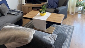 Een moderne woonkamer met een bank, fauteuil, televisie en een kleine tafel met een plant.