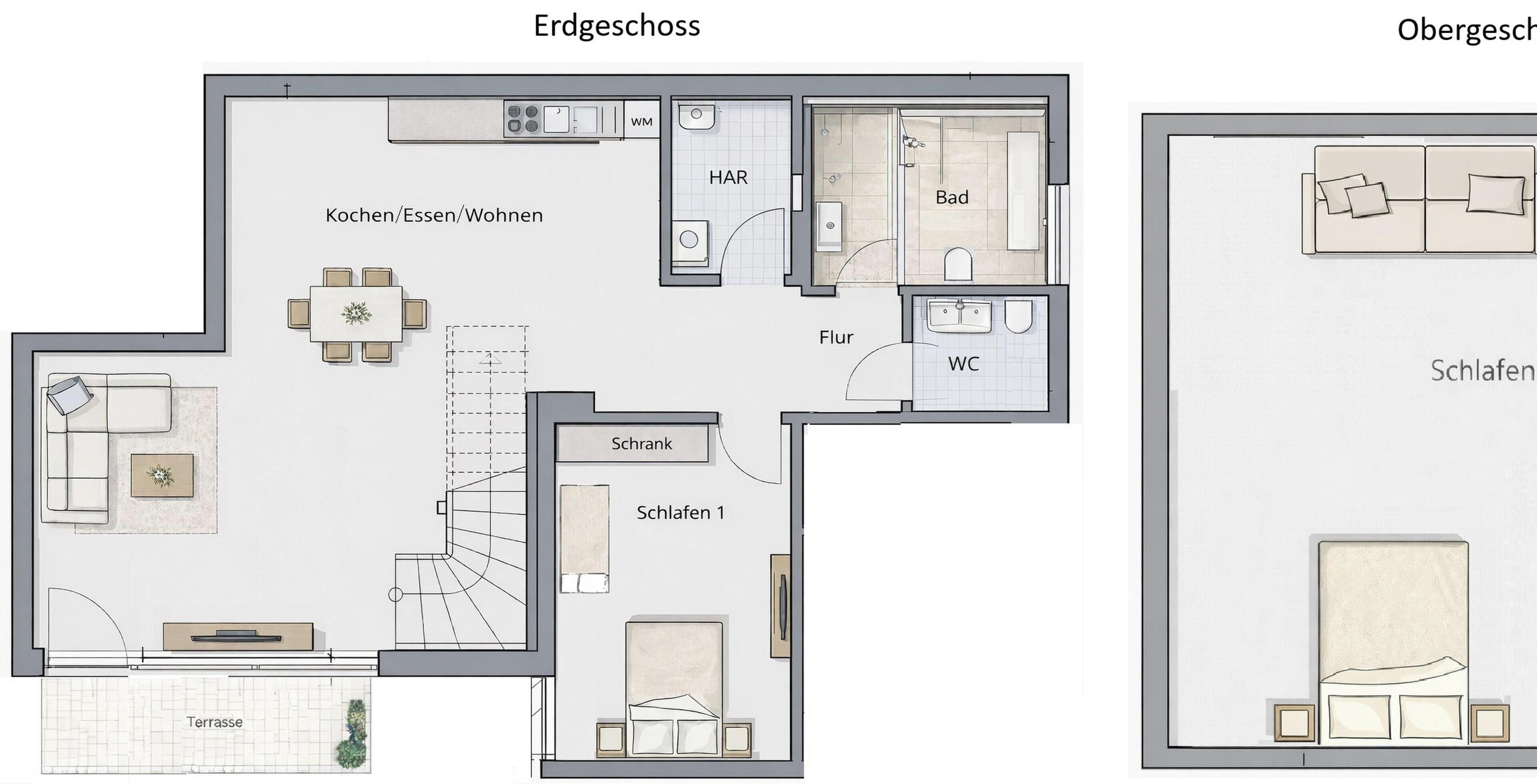 Plano de un hotel que muestra una cocina, comedor, sala de estar, dos dormitorios, un baño y una terraza.