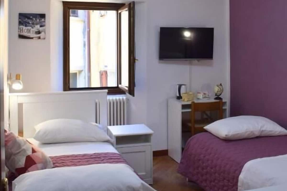 A bedroom with two beds, a television, a window, and a radiator.