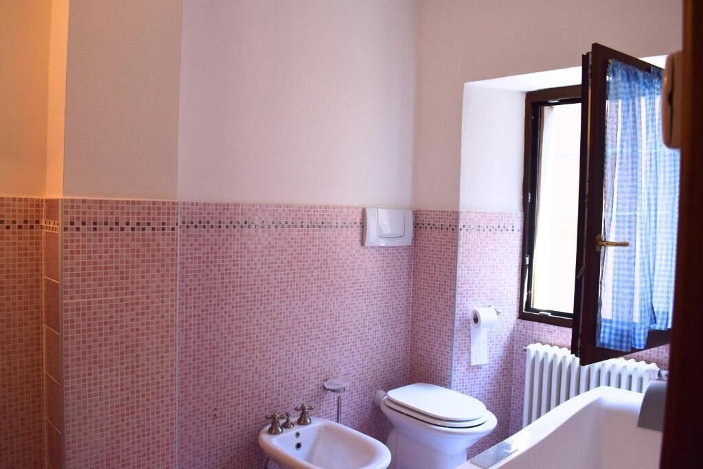 A bathroom with a toilet, bidet, and a window with curtains.