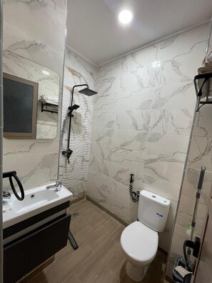 Secador de cabelo, toalhas de banho, sabonete, papel higiênico