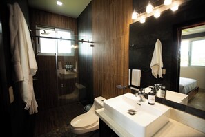 Shower, hair dryer, towels, toilet paper