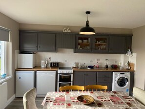Fridge, dishwasher, cookware/dishes/utensils