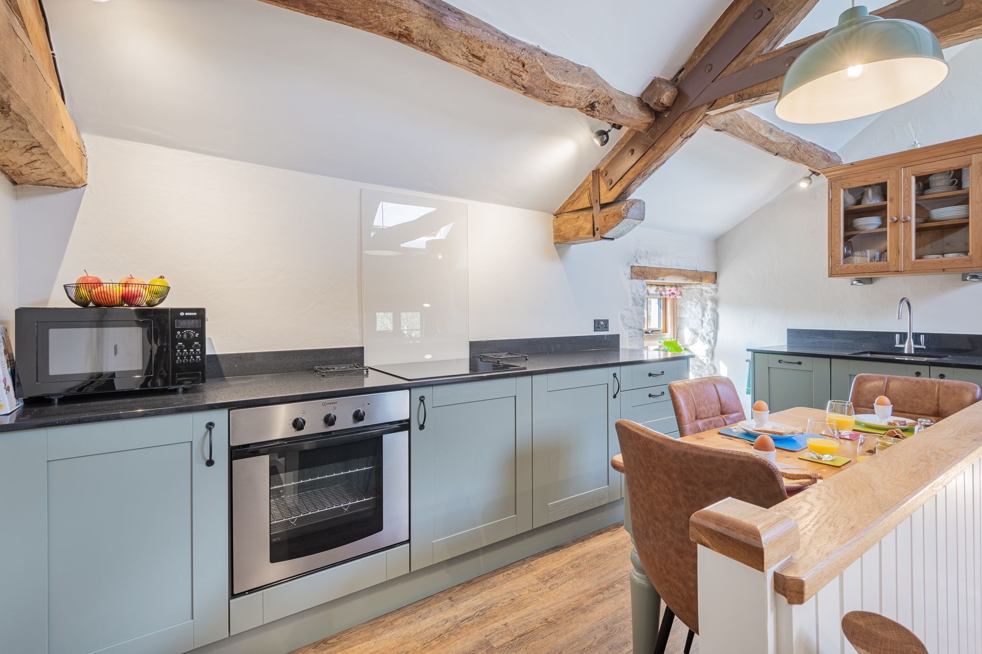 Fridge, microwave, oven, cookware/dishes/utensils