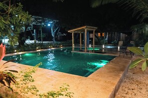 A nighttime swimming pool area with a covered seating area and surrounding plants.