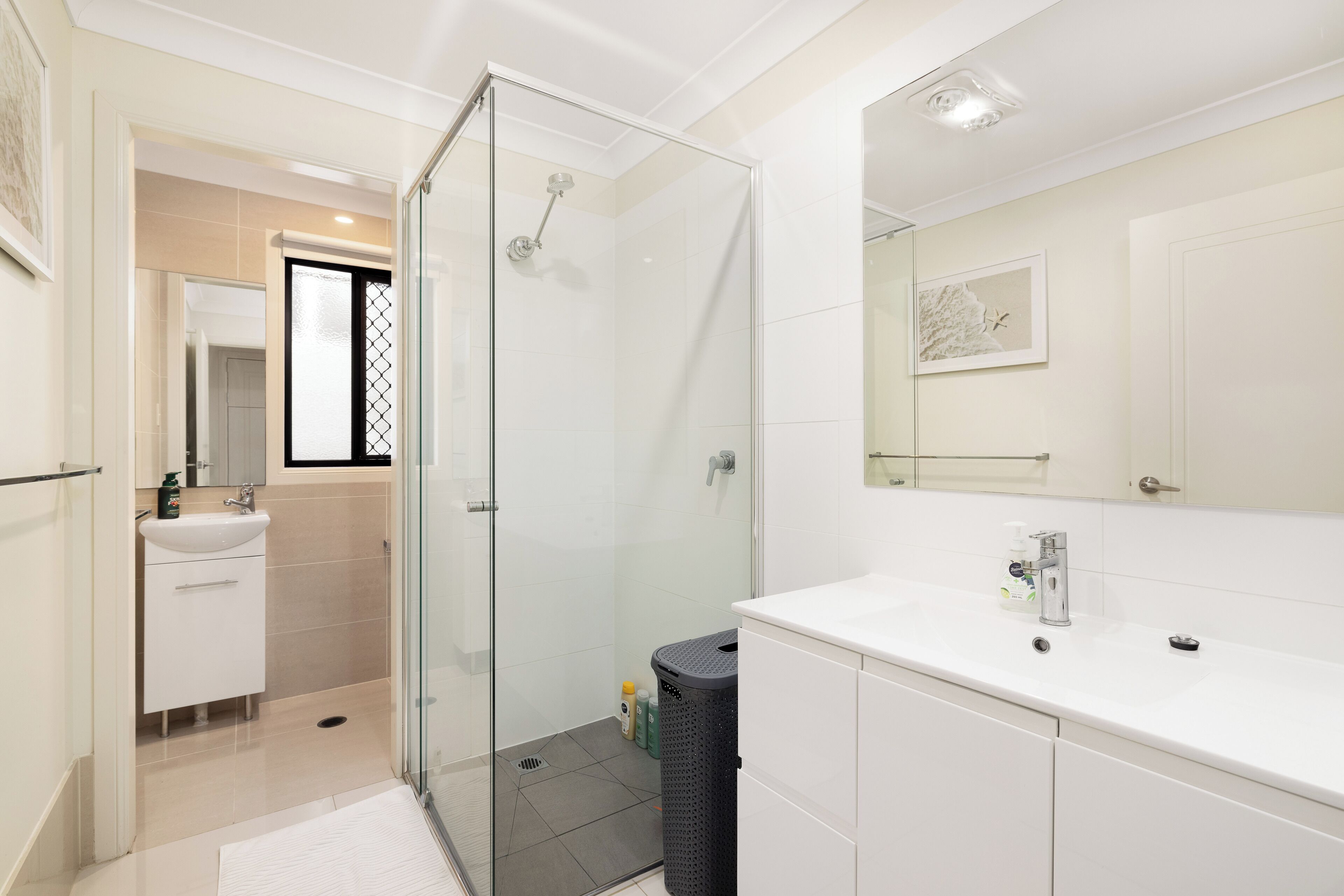 Shower, hair dryer, soap, shampoo