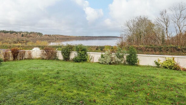 Eine grüne Fläche mit Blick auf einen See und Bäume im Hintergrund.