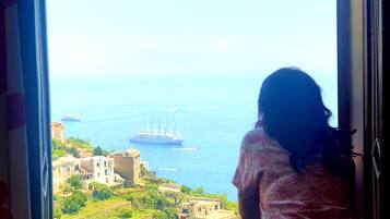 Vista dalla finestra su una zona costiera con edifici e una grande nave all'orizzonte.