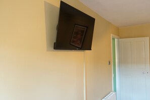 A room with a mounted picture frame on the wall, a white door, and a radiator.
