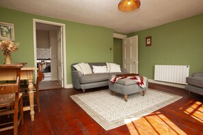 Un salon avec un canapé gris, un tapis à motifs et un plancher en bois.