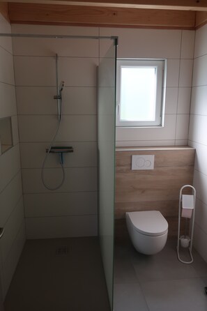 Douche, séchoir à cheveux, serviettes fournies, papier de toilette