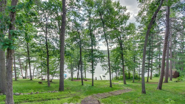 Un sendero de madera que atraviesa un área boscosa con un lago al fondo.