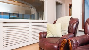 A leather armchair with a cushion, a white radiator, and a window with a view of the outside.