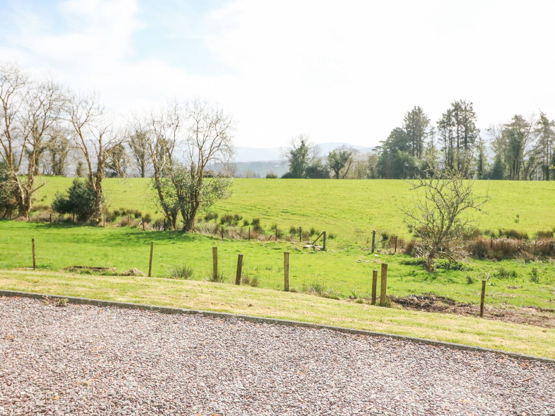 A rural landscape with a gravel path, green fields, and trees.