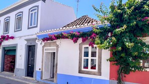 Un edificio con fachada azul y blanca, tejado de tejas y puerta con una reja decorativa de metal.
