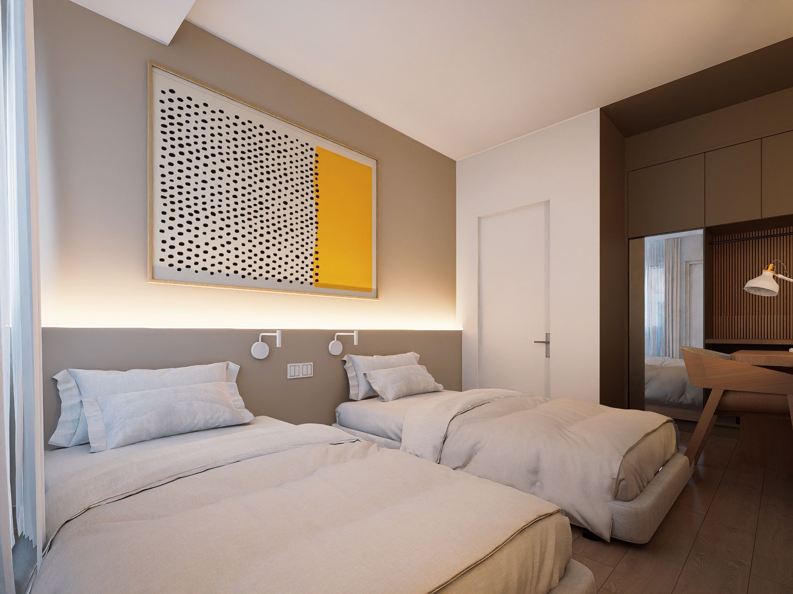 A modern hotel room with two beds, a large abstract artwork, a desk with a lamp, and a view of the outside.