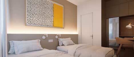 A modern hotel room with two beds, a large abstract artwork, a desk with a lamp, and a view of the outside.